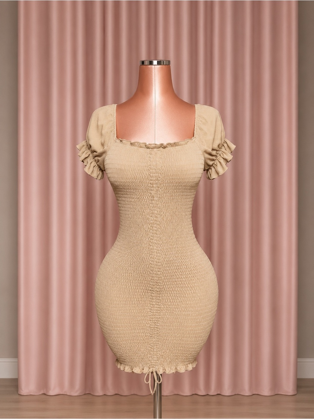 Beige Smocked Short Sleeve Bodycon Dress
